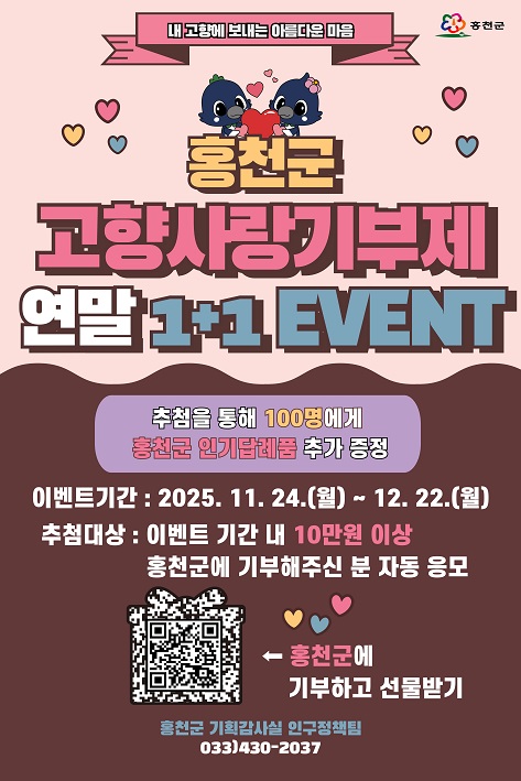 내고향에 보내는 아름다운 마음
홍천군 고향사랑기부제 연말 1+1 EVENT
추첨을 통해 100명에게 홍천군 인기답례품 추가 증정
이벤트 기간 : 2025.11.24(월)~12.22(월)
추첨대상 : 이벤트 기간 내 10만원 이상 홍천군에 기부해주신 분 자동 응모
큐알 : https://ilovegohyang.go.kr/main.html?v=20251118
홍천군에 기부하고 선물받기
홍천군 기획감사실 인구정책팀 033)430-2037