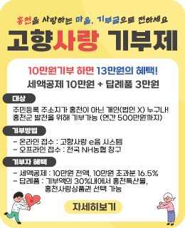 홍천을 사랑하는 마음, 기부금으로 전하세요
고향사랑 기부제
10만원기부 하면 13만원의 혜택! 세액공제 10만원+답례품 3만원
대상 : 주민등록 주소지가 홍천이 아닌 개인(법인X) 누구나! 홍천군 발전을 위해 기부가능 (연간500만원까지)
기부방법
- 온라인 접수: 고향사랑 e음 시스템
- 오프라인 접수: 전국 NH농협 창구
기부자혜택
- 세액공제: 10만원 전액, 10만원초과분 16.5%
- 답례품: 기부액의 30%내에서 홍천특산물, 홍천사랑상품권 선택 가능
자세히보기
