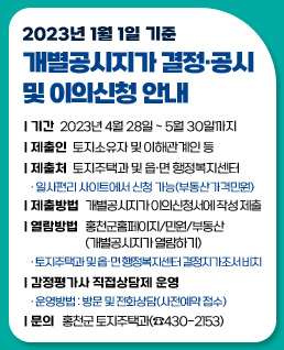 2023년 1월 1일 기준 개별공시지가 결정·공시 및 이의신청 안내
기간 : 2023년 4월 28일 ~ 5월 30일까지
제 출 인 : 토지소유자 및 이해관계인 등
제 출 처 : 토지주택과 및 읍 ․ 면 행정복지센터
- 일사편리 사이트에서 신청 가능(부동산가격민원)
제출방법 : 개별공시지가 이의신청서에 작성 제출
열람방법 : 홍천군홈페이지/민원/부동산(개별공시지가 열람하기)
- 토지주택과 및 읍 ․ 면 행정복지센터 결정지가조서 비치
6. 감정평가사 직접상담제 운영
- 운영방법 : 방문 및 전화상담(사전예약 접수)
7. 문    의 : 홍천군 토지주택과(☎430-2153)