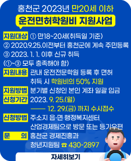 홍천군 2023년 만20세 이하 운전면허학원비 지원사업
 지원대상 ① 만18~20세(취득일 기준) ② 2020.9.25.이전부터 홍천군에 계속 주민등록③ 2023. 1. 1. 이후 신규 취득 (①~③ 모두 충족해야 함)
 지원내용: 관내 운전전문학원 등록 후 면허 취득 시 학원비의 50% 지원
 지원방법: 분기별 신청인 본인 계좌 일괄 입금
 신청기간: 2023. 9. 25.(월) ~ 12. 29.(금) 까지 수시접수
 신청방법: 주소지 읍·면 행정복지센터 산업경제팀으로 방문 또는 등기우편
 문    의: 홍천군 경제진흥과 청년지원팀 ☎430-2897
/자세히보기