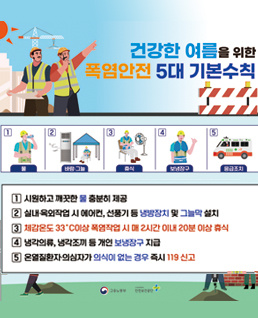 건강한 여름을 위한 폭염안전 5대 기본수칙
1 시원하고 깨끗한 물 충분히 제공
2 실내 옥외작업 시 에어컨, 선풍기 등 냉방장치 및 그늘막 설치