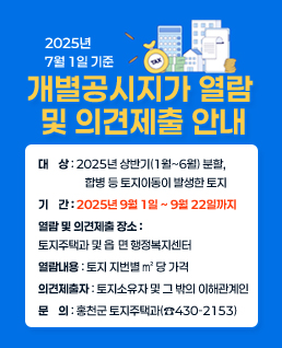 ◈ 2025년 7월 1일 기준 개별공시지가 열람 및 의견제출 안내
   1. 대    상 : 2025년 상반기(1월~6월) 분할, 합병 등 토지이동이 발생한 토지  
   2. 기    간 : 2025년 9월 1일 ~ 9월 22일까지
   3. 열람 및 의견제출 장소 : 토지주택과 및 읍․ 면 행정복지센터
   4. 열람내용 : 토지 지번별 ㎡ 당 가격
   5. 의견제출자 : 토지소유자 및 그 밖의 이해관계인
   6. 문    의 : 홍천군 토지주택과(☎430-2153)