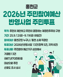 목적: 주민이 제안하고 주민이 결정하는 재정민주주의 구현

- 기간: 25.9.12(금)~9.19(금) (8일간)

- 참여대상: 홍천군민 누구나 / 홍천 소재 직장인

- 투표대상: 2026년 반영사업 13건(정책 5건, 지역 8건)

- 투표내용: 주민참여예산기구 심의에서 가결된 13건(887,870천원)을 대상으로 주민 선호도 조사 실시

-게시기간: 9.19(금)까지
