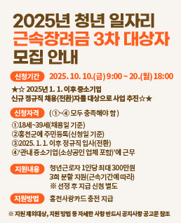 [2025년 청년 일자리 근속장려금 3차 대상자 모집 안내]
1. 신청기간: 2025. 10. 10.(금) 9:00 ~ 20.(월)18:00
★☆ 2025년 1. 1. 이후 중소기업 신규 정규직 채용(전환)자를 대상으로 사업 추진☆★
2. 신청자격: (①~④ 모두 충족해야 함) 
①18세~39세(채용일 기준) 
②홍천군에 주민등록(신청일 기준) 
③2025. 1. 1. 이후 정규직 입사(전환) 
④‘관내 중소기업(소상공인 업체 포함)’에 근무
3. 지원내용: 청년근로자 1인당 최대 300만원 3회 분할 지원(근속기간에 따라)
 ※ 선정 후 지급 신청 별도 
4. 지원방법: 홍천사랑카드 충전 지급 

※ 지원 제외대상, 지원 방법 등 자세한 사항 반드시 공지사항 공고문 참조