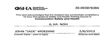 OSHA(미국직업안전위생관리국) 챌린지코스 시공안전 교육수료 인증서