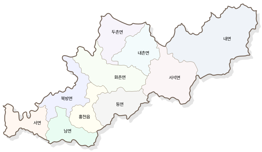 홍천군의 관내도를 시각화한 이미지이며 서면, 북방면, 남면, 홍천읍, 동면, 화촌면, 두촌면, 내촌면, 서석면, 내면이 있습니다.