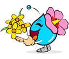 꽃다발을 들고 웃고 있는 홍천군 캐릭터의 옆모습입니다.